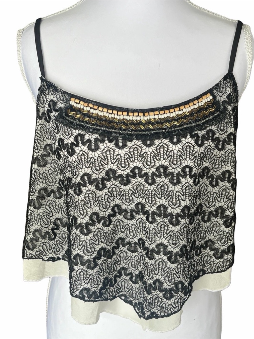 Charlotte Russe Crop Tank Top Medium Women White Black Lace Sheer Beads Vintage